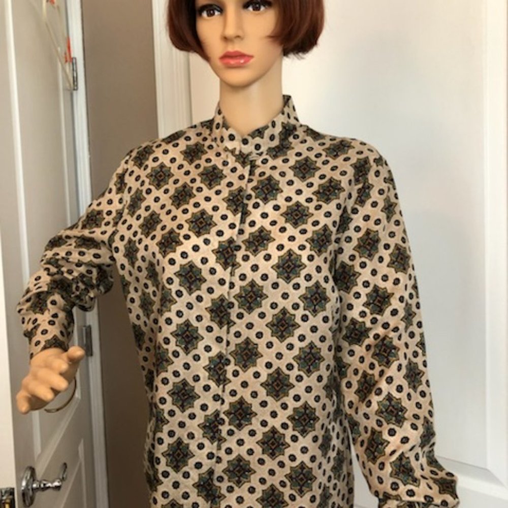 Tess silk mandarin collar beige/green pattern 4